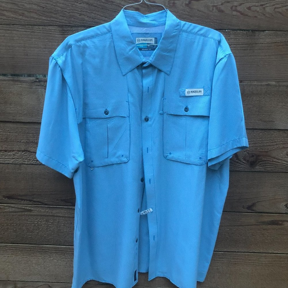 Men's Magellan XXL Light Blue Check Fishing Shirt Short Sleeve Relaxed Fit